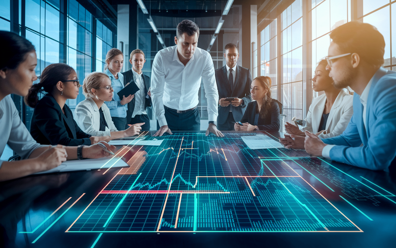 A pharmaceutical project manager leading a meeting with a diverse team, focused on a project timeline displayed on a large screen. Team members are engaged and discussing tasks. The setting is modern, with tech-driven materials and a sense of urgency, reflecting the fast-paced nature of project management in pharmaceuticals.