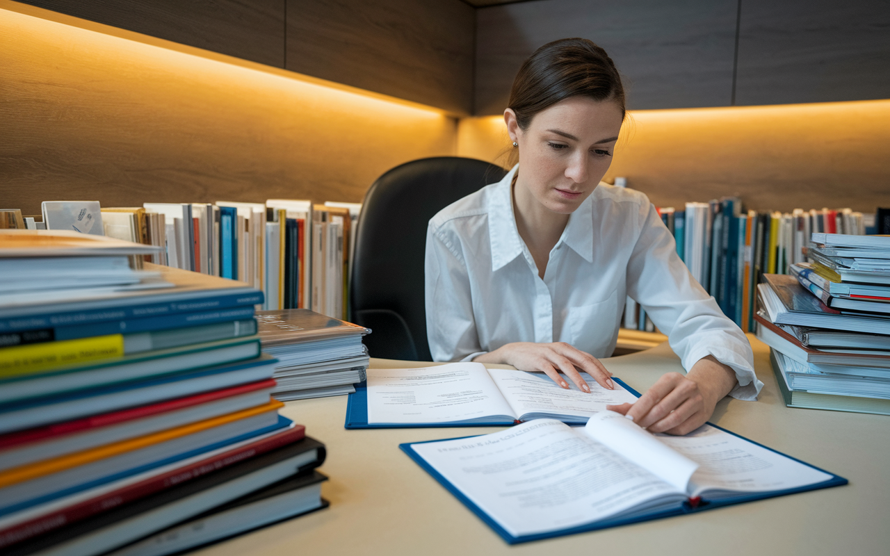 A focused medical writer working in a quiet corner of a modern office, surrounded by stacks of scientific journals and reference materials. She is reviewing a draft document on her computer, with notes and edits visible. The lighting is warm and inviting, emphasizing the thoughtful process of translating complex information into accessible language.