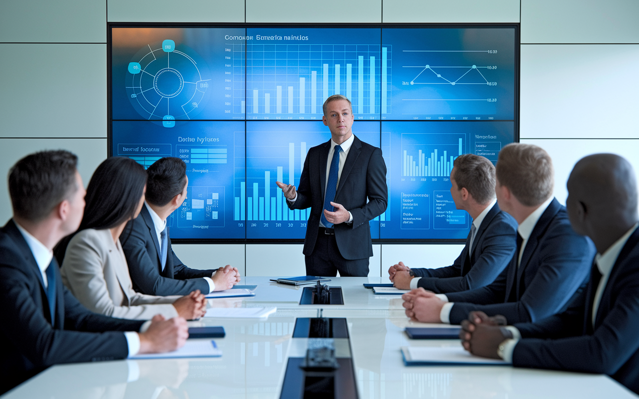 A pharmaceutical consultant presenting findings to a boardroom of executives during a strategic meeting. The consultant uses a large presentation screen filled with compelling data visuals and market analysis. The room is equipped with high-tech amenities, and the executives listen attentively, showcasing the importance of consulting in driving pharmaceutical strategies.