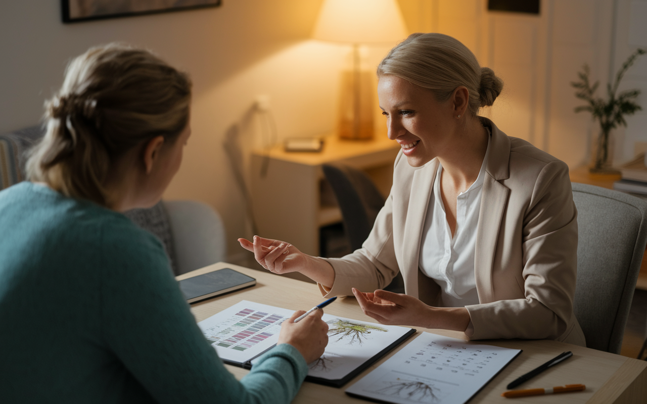 A compassionate genetic counselor sitting across from a patient in a warmly lit consultation room. They are reviewing a genetic report together, with visuals of a family tree and genetic diagrams on the table between them. The room has soft tones and comforting decor, creating a supportive atmosphere as the counselor explains important genetic information to the patient.