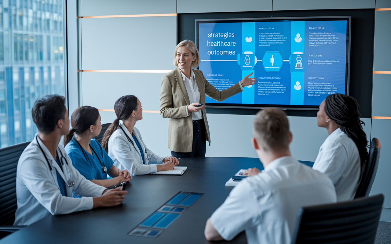 An experienced healthcare consultant presenting to a diverse team of healthcare professionals in a modern conference room. She is pointing to a digital presentation on a large screen that outlines strategies for improving healthcare outcomes. The room is equipped with sleek furniture and multimedia technology, reflecting an atmosphere of innovation and collaboration.