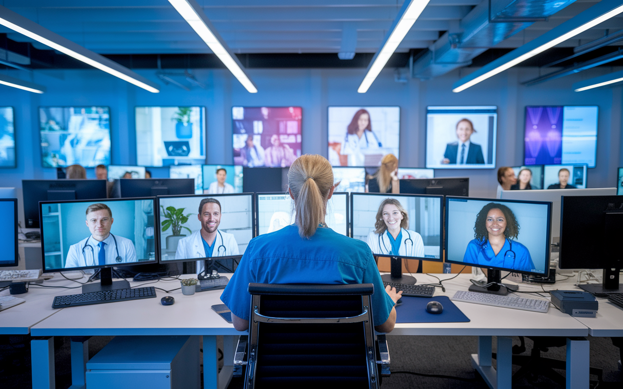 A telemedicine coordinator in a bustling office, overseeing a series of virtual healthcare appointments on multiple screens. The setup showcases a diverse array of healthcare professionals providing care online, with the coordinator ensuring smooth operations. Vibrant lighting and modern decor reflect a tech-forward atmosphere, illustrating the growing trend of telemedicine.