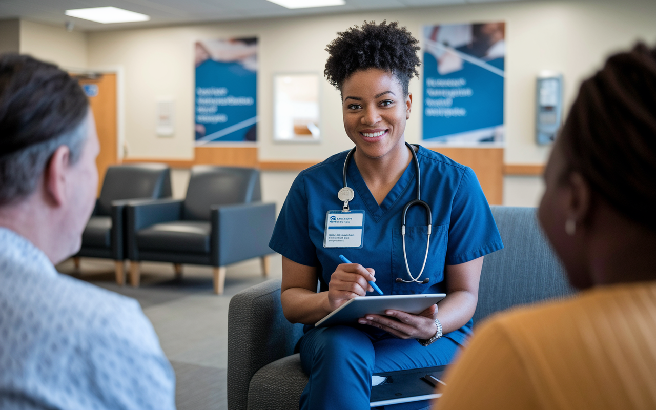 A dedicated patient experience advocate conducting interviews with patients in a hospital setting, gathering feedback with a notepad and tablet. The advocate has a warm, approachable demeanor, wearing a badge and engaged in sincere conversations with patients. The surroundings include comfortable waiting areas and healthcare-related posters, enhancing the emphasis on patient-centered care.