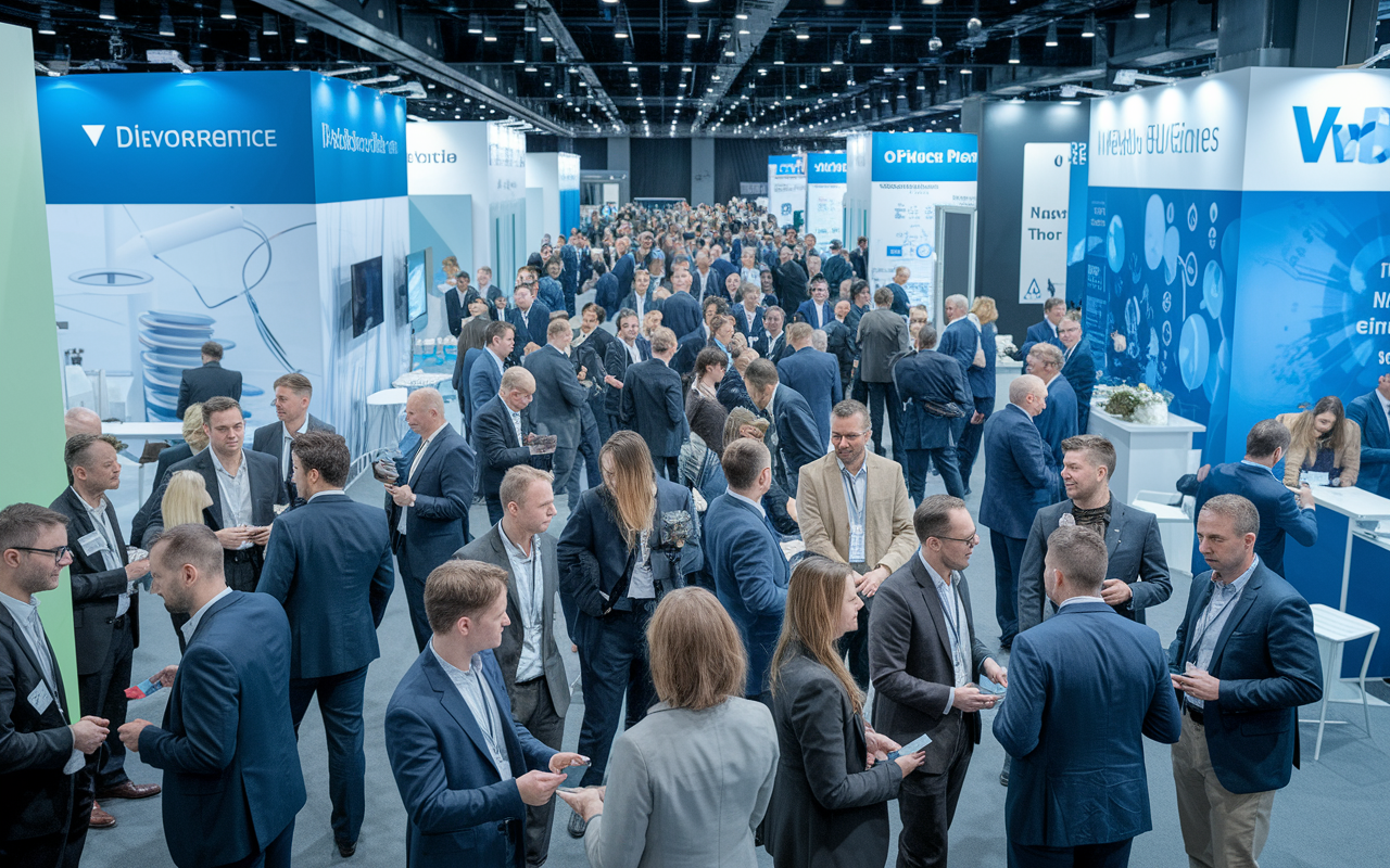 An action-oriented scene in a bustling healthcare conference, with enthusiastic professionals networking and exchanging business cards. The background shows distinct booths showcasing medical devices and pharmaceuticals, with banners displaying innovative technologies. Brightly lit, filled with diverse attendees engaged in conversations, creating a dynamic and lively atmosphere that embodies opportunity and ambition in the medical sales field.