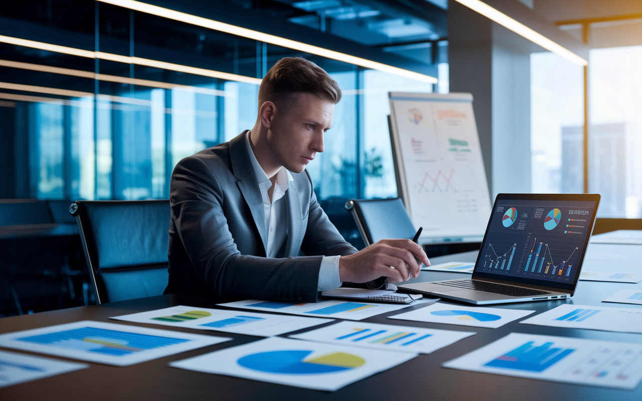 A focused medical consultant seated at a large conference table surrounded by various reports and a laptop displaying complex data visualizations. The environment is modern and sleek, with soft ambient lighting and a large whiteboard filled with strategic plans. The consultant, dressed in professional attire, is intently analyzing graphs, demonstrating strong analytical skills in the context of a strategic planning meeting.