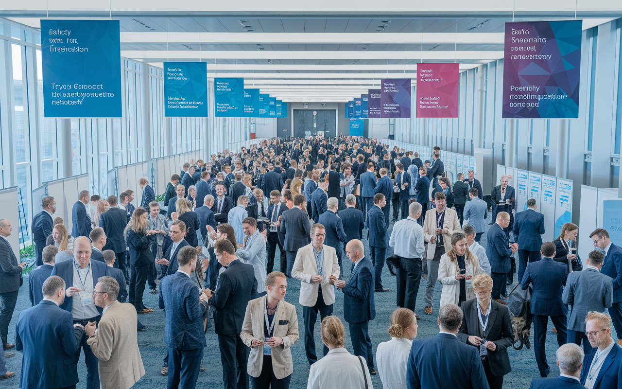 A vibrant and engaging healthcare conference scene filled with medical professionals and consultants networking. People are exchanging business cards, discussing research, and attending workshops in a spacious conference hall decorated with banners and posters related to healthcare innovations. A sense of excitement and opportunity fills the air as attendees connect over shared interests in advancing medical consulting.