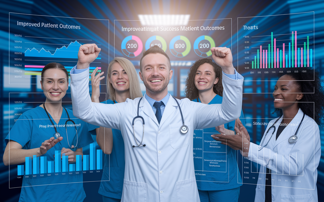 A successful medical consultant celebrating with a healthcare team, surrounded by a digital dashboard showcasing improved patient outcomes. The scene is vibrant, filled with visuals of charts demonstrating success metrics. The environment is wholesome and collaborative, highlighting teamwork and strategic impact in healthcare settings. Bright and motivational atmosphere conveying achievement and positive change.