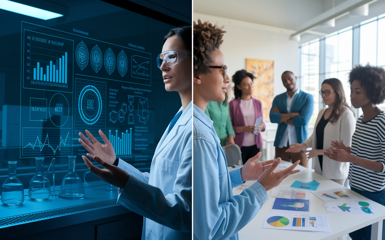 A split scene showing scientific communication on one side and health communication on the other. On the left, a scientist is delivering a presentation filled with clear, engaging infographics and graphs in a sterile laboratory. On the right, a health communicator is engaging with a diverse group of community members, demonstrating health education materials and using visual aids to promote understanding. The atmosphere is bright with emphasis on connection and clarity in both settings.