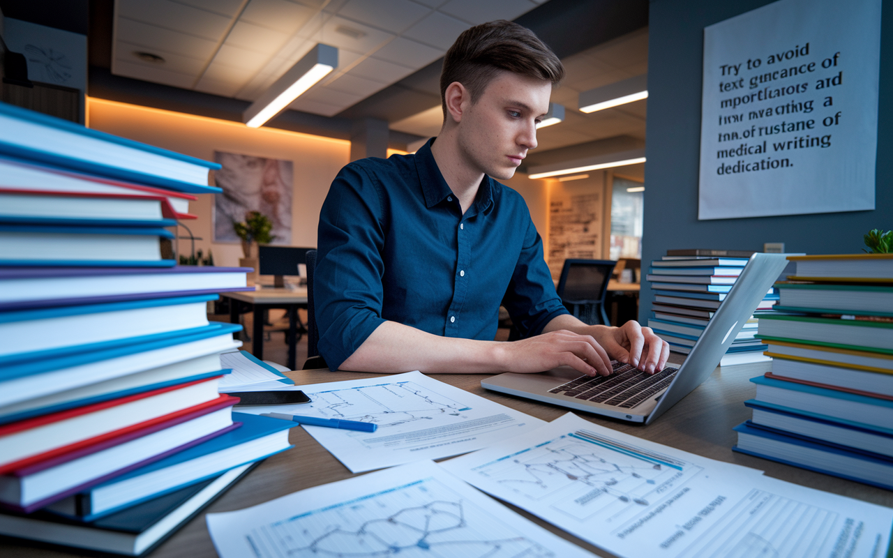 A focused medical writer in a modern office, surrounded by stacks of clinical trial reports and medical journals. The writer, a young professional in smart casual attire, is diligently typing on a laptop, with notes full of complex medical terminology and diagrams scattered around. The workspace is well-lit with warm lighting, conveying a sense of industry and dedication, while an inspirational poster about the importance of clarity in medical writing hangs on the wall.