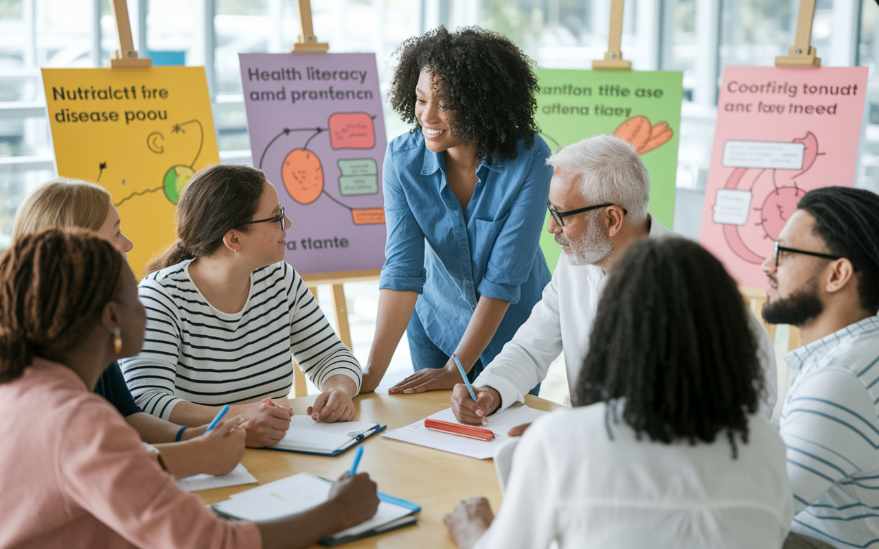 A health educator engaged with a diverse community group, demonstrating health literacy through interactive workshops. Colorful charts about nutrition and disease prevention are displayed on easels, and participants are actively involved, asking questions and taking notes. The setting is bright and inviting, perhaps in a community center with natural lighting, showcasing a sense of collaboration, enthusiasm, and community engagement.