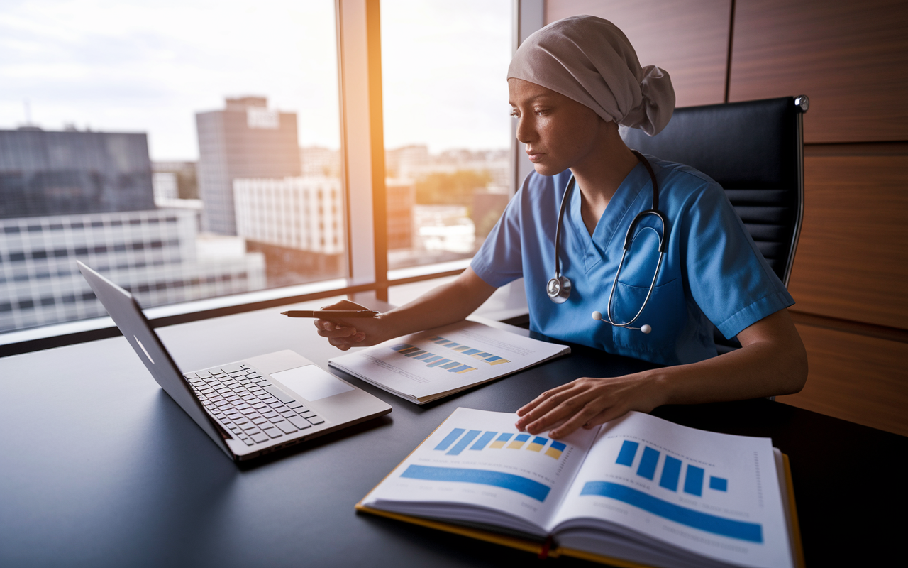 A healthcare professional sitting in a sleek, modern office, deeply engrossed in reviewing health policy documents and statistical graphs on a laptop. The desk hosts an open notebook filled with notes, and a large window shows a cityscape with hospitals and clinics. Warm, ambient lighting enhances the focus on the individual, conveying a profound sense of responsibility and commitment to improving health outcomes through meticulous policy research.