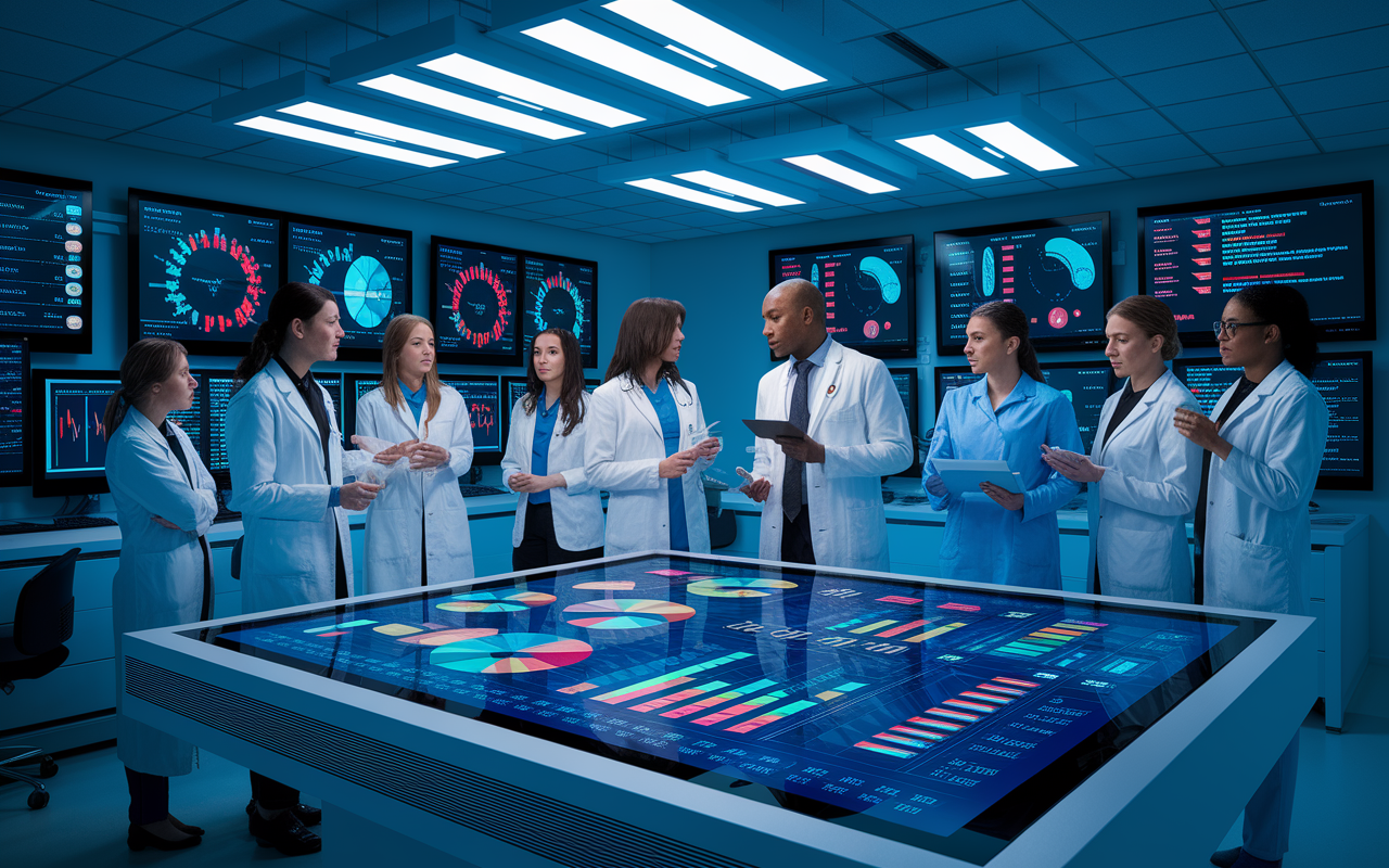 A dynamic scene of a modern healthcare analytics lab, with a large touchscreen displaying patient data trends and healthcare outcomes. A team of researchers, including statisticians and healthcare professionals, actively discussing the implications of the data. The room is filled with high-tech devices, multiple screens, and colorful visualizations demonstrating patient-reported outcomes. Bright, focused lighting creates an atmosphere of innovation and urgency.