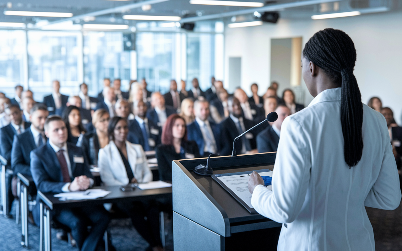 A healthcare professional at a podium presenting findings from medical policy research to an engaged audience in a large conference room. The audience consists of diverse stakeholders, including policymakers, community leaders, and fellow healthcare professionals, all focused on the presentation. The room is well-lit, with visual aids like slides showcasing key data points, creating an atmosphere of collaboration and shared learning.