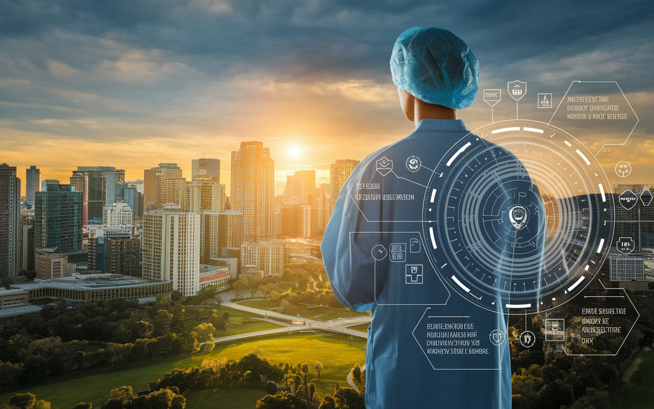 A visionary scene showing a healthcare professional gazing out over a cityscape filled with modern hospitals, clinics, and green spaces representing equitable healthcare. The setting sun casts golden hues across the skyline, symbolizing hope and progress in the field of medical policy research. In the foreground, a digital screen shows futuristic policy innovations aimed at improving public health, emphasizing the professional's role in shaping a better future.