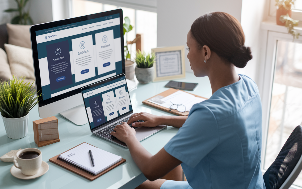 A healthcare professional at a sleek desk, creating a personal brand on their laptop. The screen shows a professional website design with sections for services, testimonials, and portfolio. Surrounding them are inspiring elements such as a notepad, plants, and certificates. The room is bright and organized, reflecting a serious yet creative atmosphere.