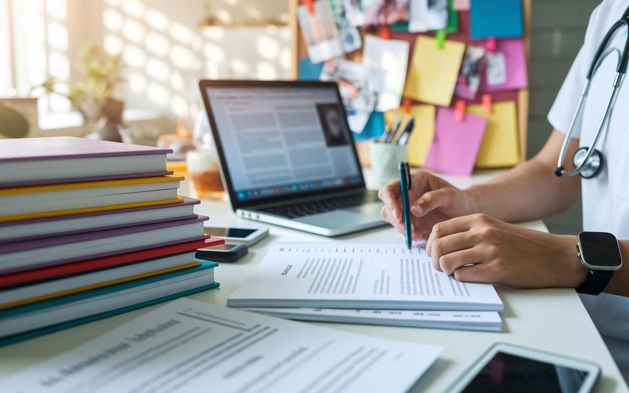 A creative workspace featuring a healthcare professional developing content. They are surrounded by stacks of medical journals, a laptop with an article draft on the screen, and vibrant ideas pinned on a vision board. The scene is energetic, with morning sunlight streaming in, illustrating a productive mentality.