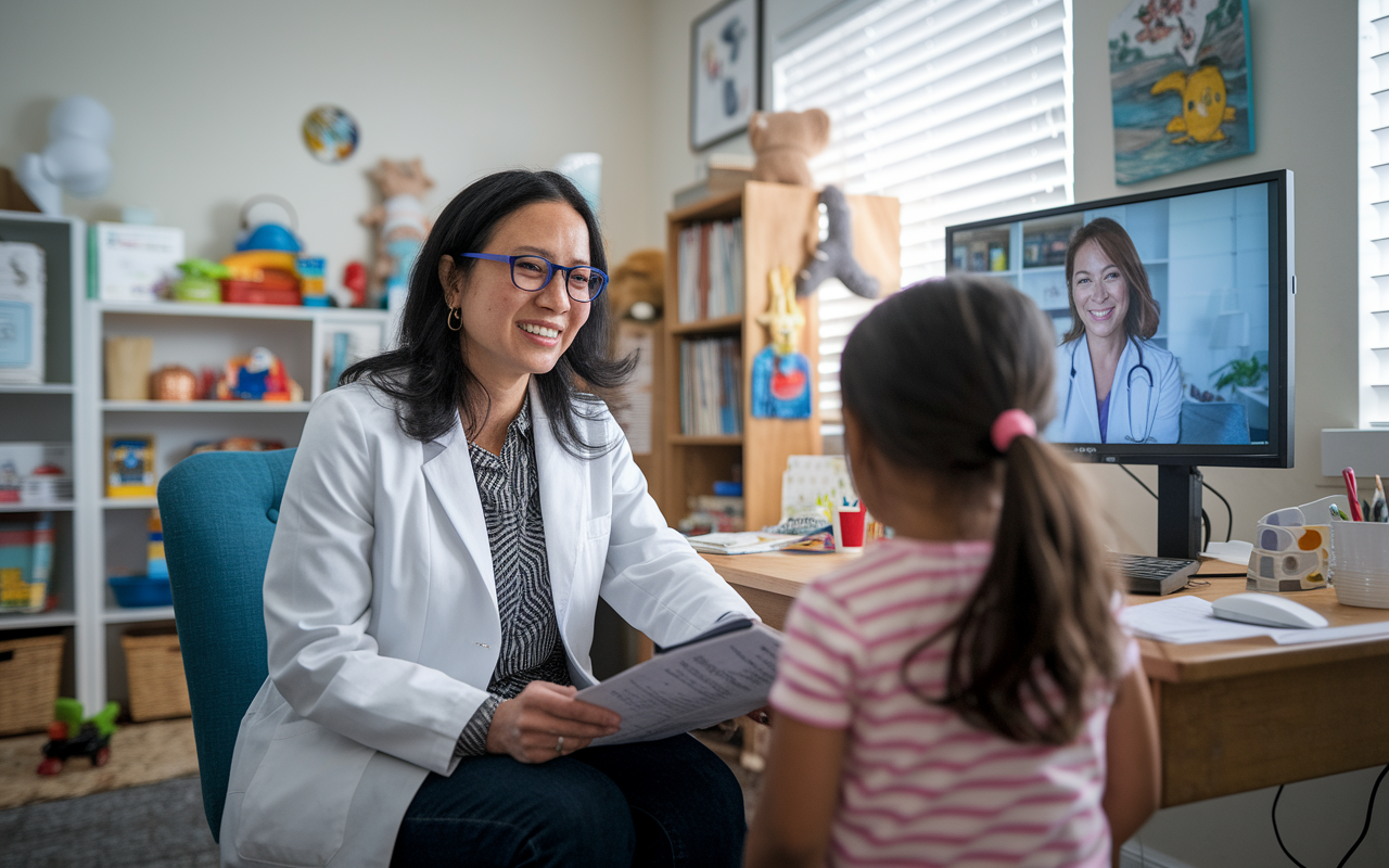 An inspiring scene of Dr. Susan Lee, a freelance pediatrician, sitting in a cozy home office during a telehealth session, warmly interacting with a child on the screen. The room has toys and children's artwork, creating a welcoming atmosphere that highlights family life and professional dedication.