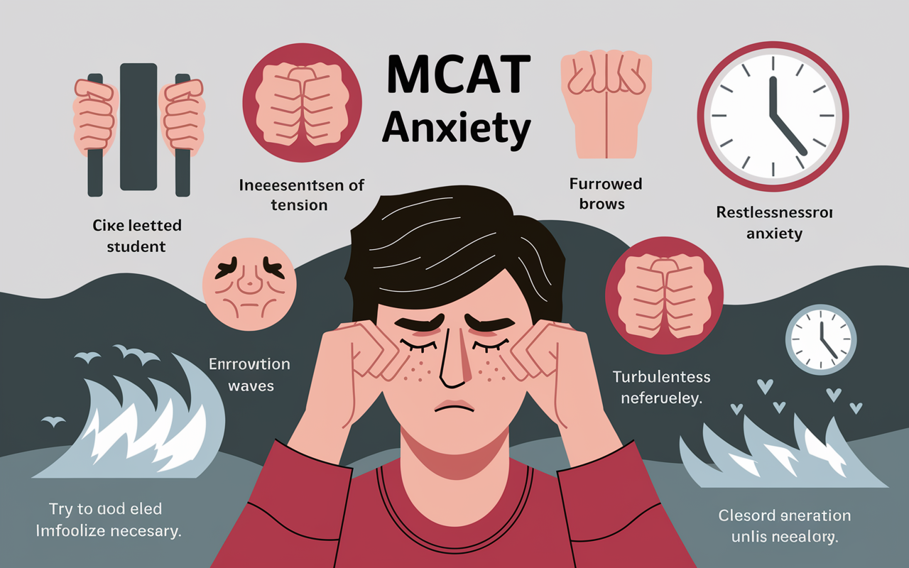 An infographic-style representation depicting various symptoms of MCAT anxiety. Include images of a stressed student, visual representations of tension like clenched fists and furrowed brows, and icons showing restlessness such as a clock and turbulent waves. The background features muted colors to symbolize anxiety, with clear labels for each symptom to convey information effectively.