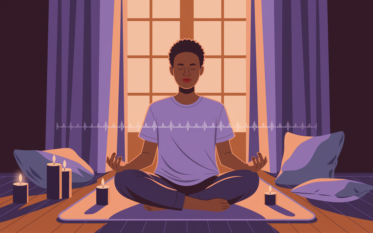 A serene illustration of a person practicing breathing exercises in a tranquil room. The individual is sitting cross-legged on a soft mat, surrounded by calming elements like candles and soft cushions. Warm, diffused light enters through the window, creating an inviting atmosphere. The person has a peaceful expression, conveying a sense of calm and concentration. A subtle overlay of a breath cycle chart emphasizes the mindfulness practice.