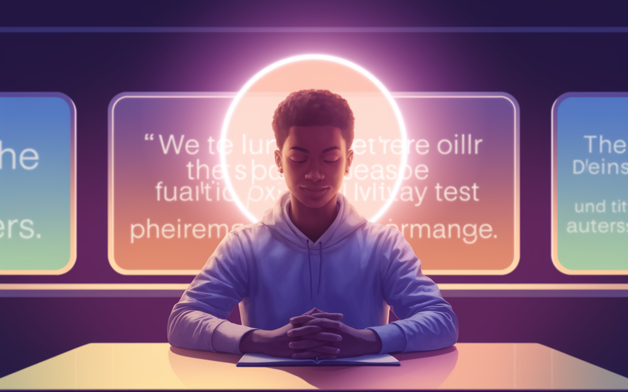 A vibrant scene depicting a student confidently visualizing their success during the MCAT exam. The individual is seated at a desk in a well-lit, serene testing room, surrounded by visual elements of calmness such as soft colors and motivational phrases in the background. The focus is on their serene expression, suggesting focus and readiness. An ethereal glow represents positive energy and success as they imagine their ideal test performance.