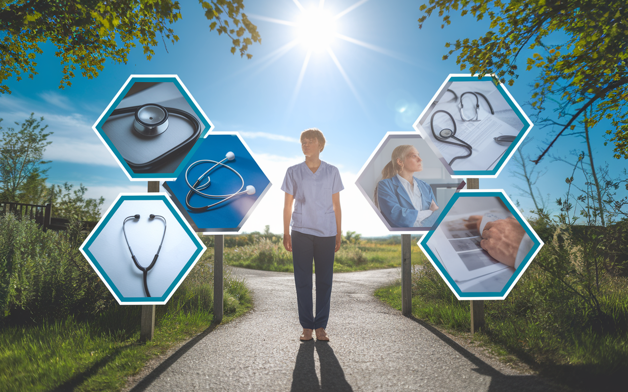 A hopeful student standing at a crossroads, symbolizing the journey to medical school. They look determined, surrounded by inspirational images of future medical achievements such as stethoscopes, hospitals, and compassionate patient care. Bright sunlight beams down, creating a feeling of optimism and purpose. The setting is filled with greenery and open skies, suggesting endless possibilities and a bright future in medicine. The scene conveys motivation, hope, and the power of mindfulness.