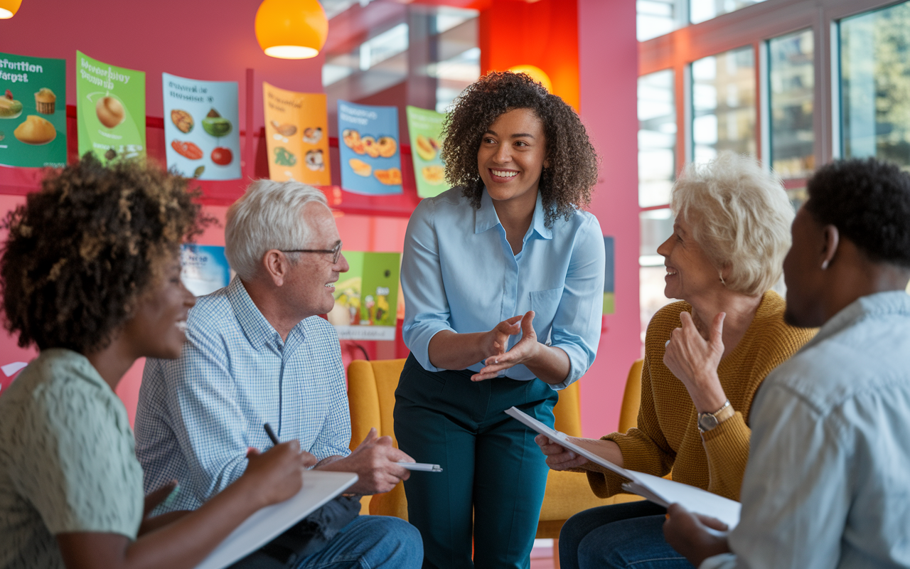 A community health worker in a welcoming community space, interacting with a group of diverse individuals of varying ages. The setting is vibrant, with health pamphlets, creative visuals about nutrition and exercise on display. The community worker is explaining health concepts with enthusiasm while individuals engage in the conversation, some taking notes, others nodding in agreement. Warm ambient lighting and a spirit of collaboration fill the environment.