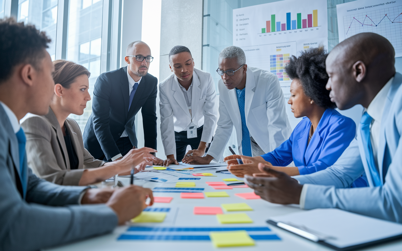 A diverse team of healthcare compliance professionals gathered around a conference table, discussing strategies to improve patient safety and regulatory adherence. The room is equipped with high-tech presentation tools, charts showing compliance metrics, and colorful post-it notes illustrating ideas. The team, consisting of both men and women of various ethnicities, displays expressions of focus and determination, emphasizing teamwork in healthcare improvement. Bright, natural lighting enhances a dynamic and engaging atmosphere.