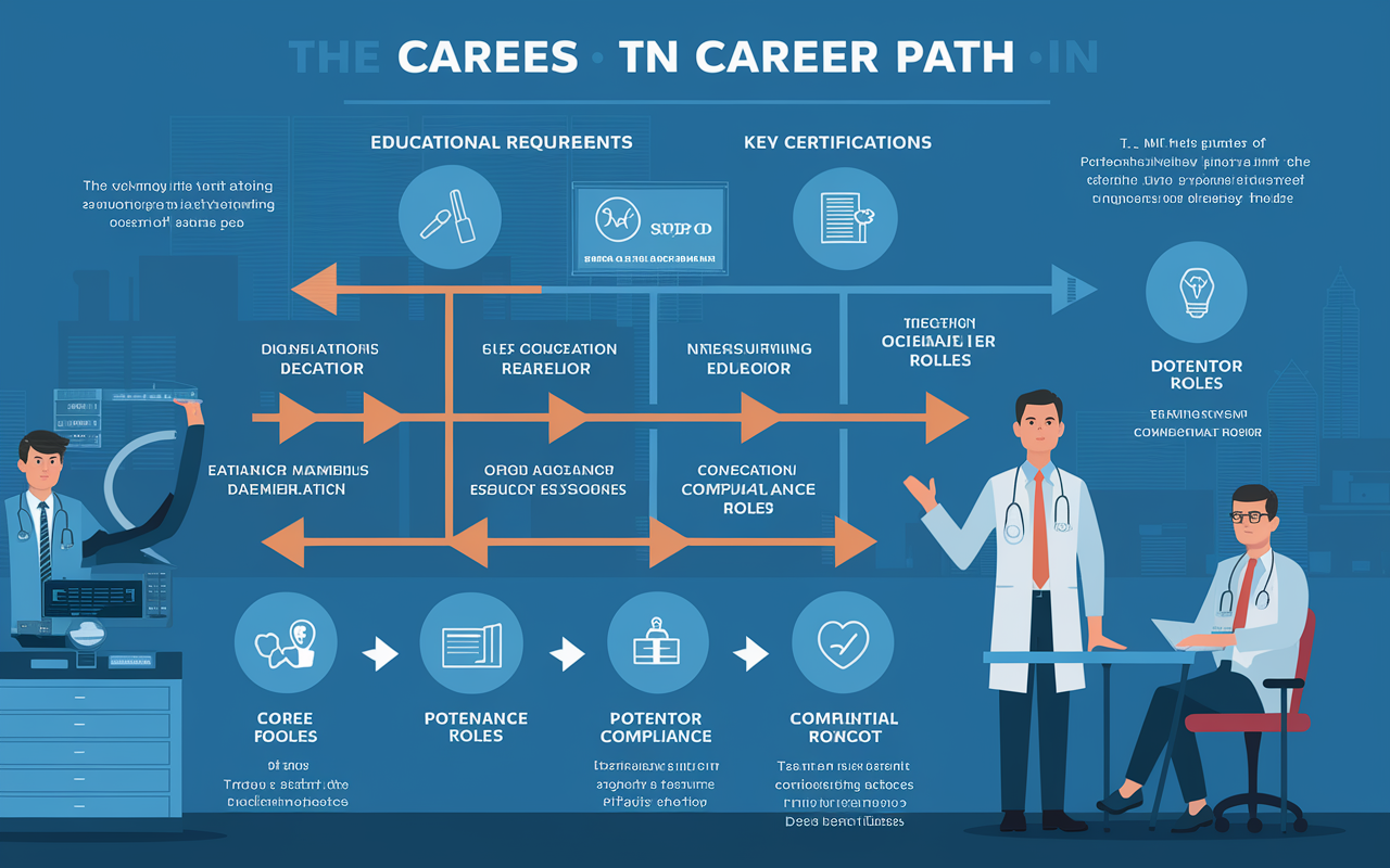 An infographic illustrating the career path in healthcare regulations and compliance featuring a flow chart with educational requirements, key certifications, and potential career roles. The design is colorful and engaging, integrating symbols representing education, skills, and compliance tasks. Arrows guide the viewer through steps from acquiring a bachelor's degree to attaining senior positions like Director of Compliance. A professional backdrop of a healthcare environment adds context to the infographic.