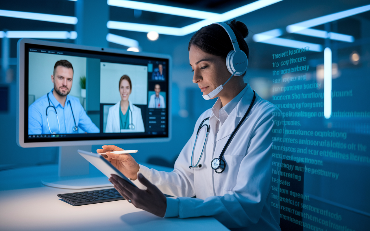 A compliance officer in a telemedicine environment, assisting a healthcare provider with virtual patient consultations. The virtual screen showcases a busy session with a patient, while the officer reviews compliance protocols on a tablet. The surrounding environment is modern and sleek, with telehealth technology visibly integrated, emphasizing the importance of safety and privacy regulations in the digital age. Soft, ambient lighting creates a calming atmosphere suitable for healthcare delivery.