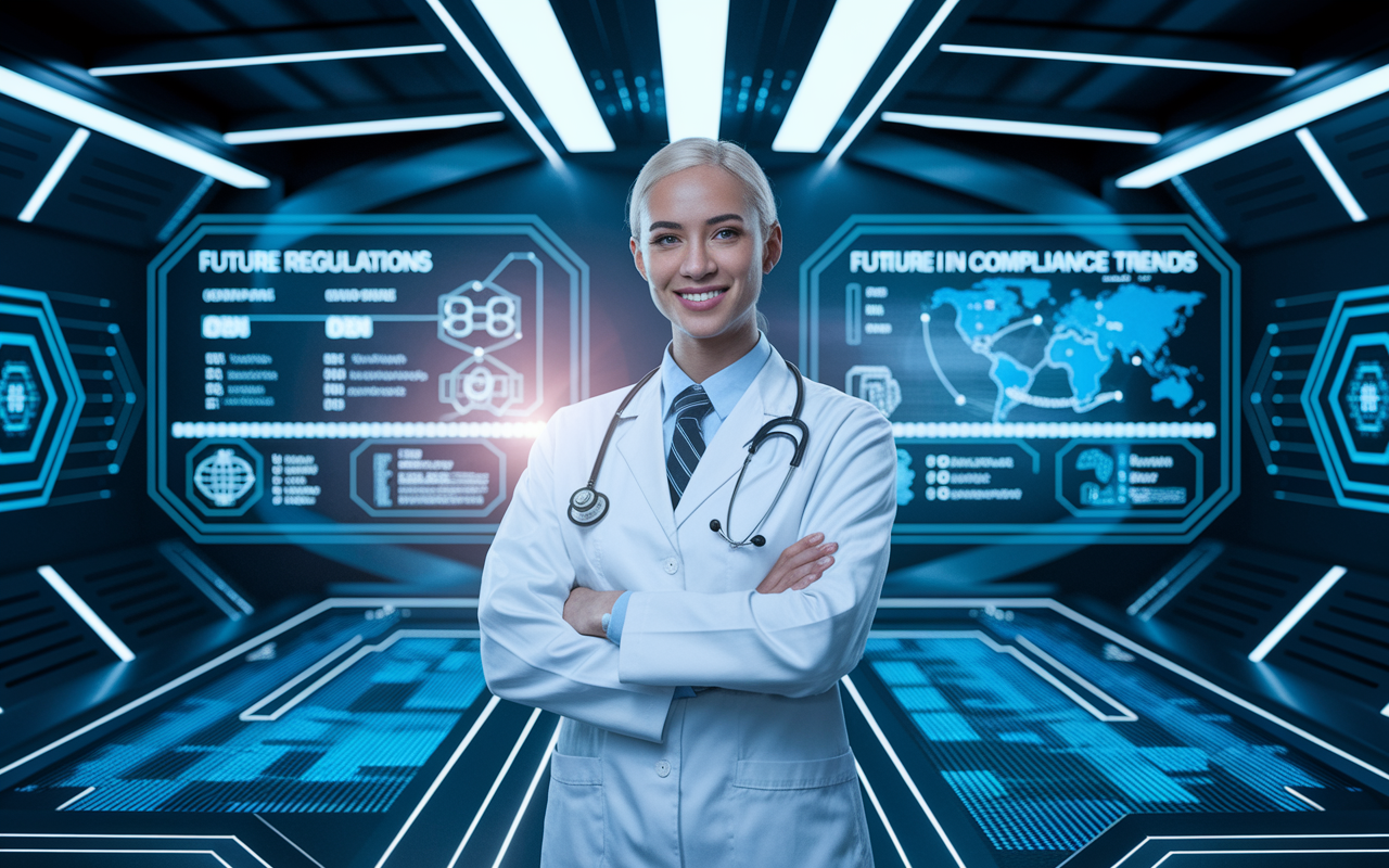 A forward-looking healthcare compliance professional standing confidently in front of a digital display showing future regulations and compliance trends. The setting is futuristic with advanced technology, holographic interfaces, and a global health map in the background. The atmosphere is filled with optimism and innovation, emphasizing the role of compliance in shaping the future of healthcare. Bright, focused lighting highlights the professional, portraying a sense of empowerment and commitment.