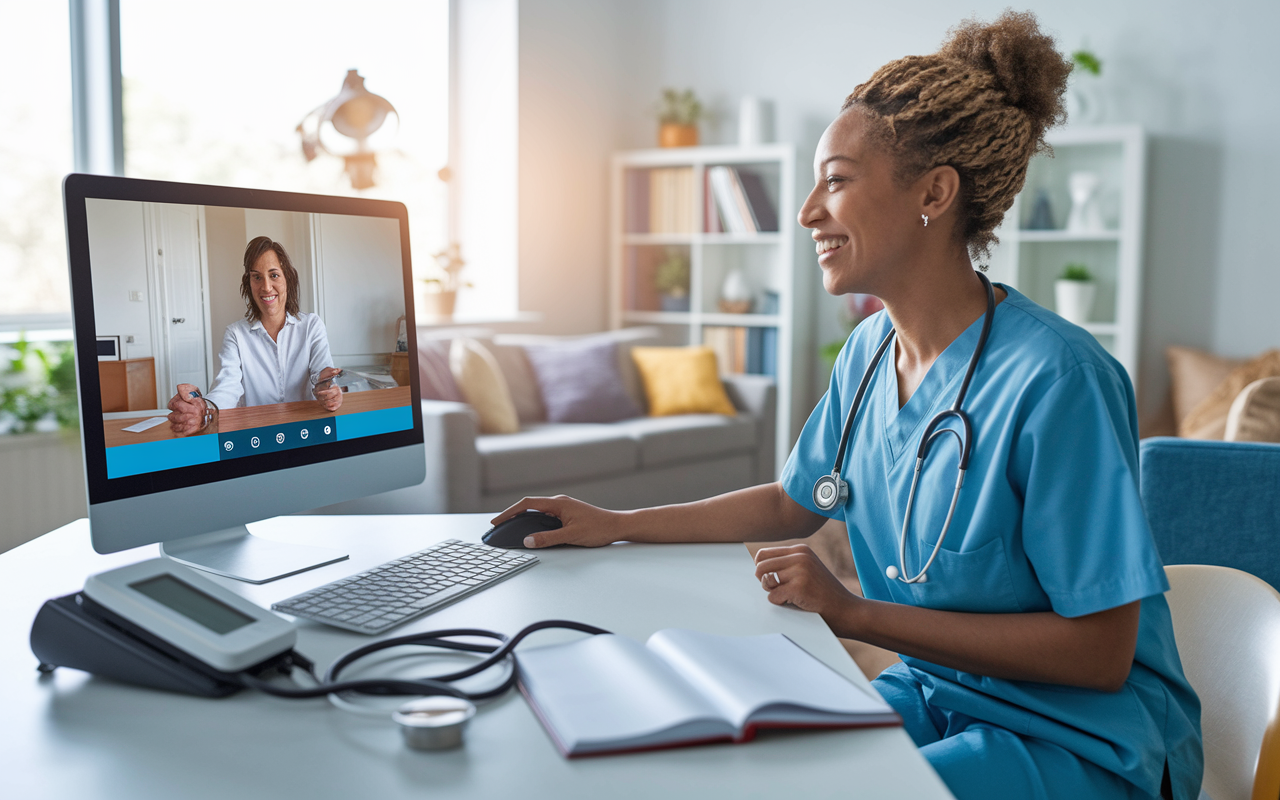 An engaging scene of a healthcare professional conducting a virtual consultation. The practitioner is in a well-lit, modern office with a computer screen showing a patient on video call. On the desk, essential health tools like a blood pressure monitor and medical books are scattered. The professional is smiling, fostering a sense of trust and warmth, while the patient's living room is in the background, demonstrating the comfort of receiving care at home. The atmosphere is infused with positive energy and vibrant colors that symbolize innovation in healthcare.