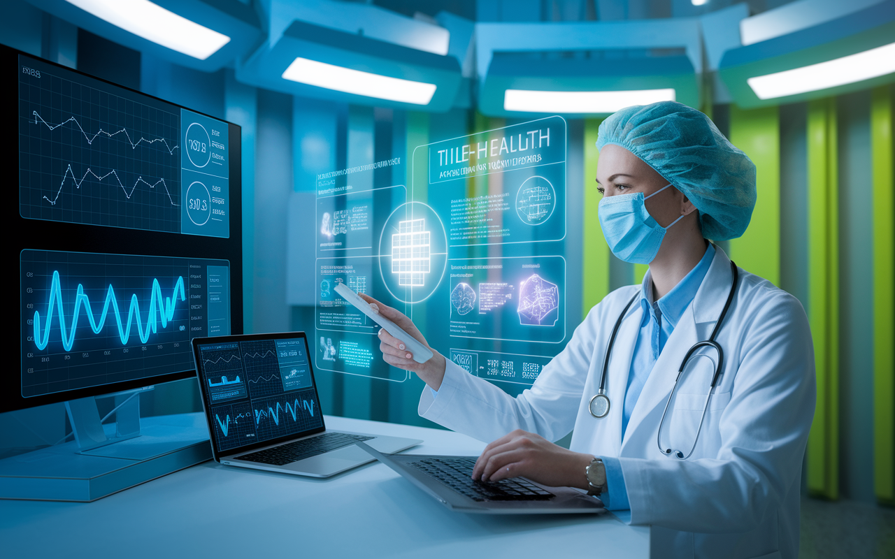 A futuristic scene depicting remote patient monitoring, showcasing a healthcare provider analyzing data on a digital screen with patient vitals and health statistics. The background features a state-of-the-art telehealth setup with smart devices displaying graphs and alerts. A compassionate healthcare professional in a white coat uses technology to interact with patients remotely, symbolizing innovation in health management. The color palette is bright with blues and greens to emphasize health and technology.