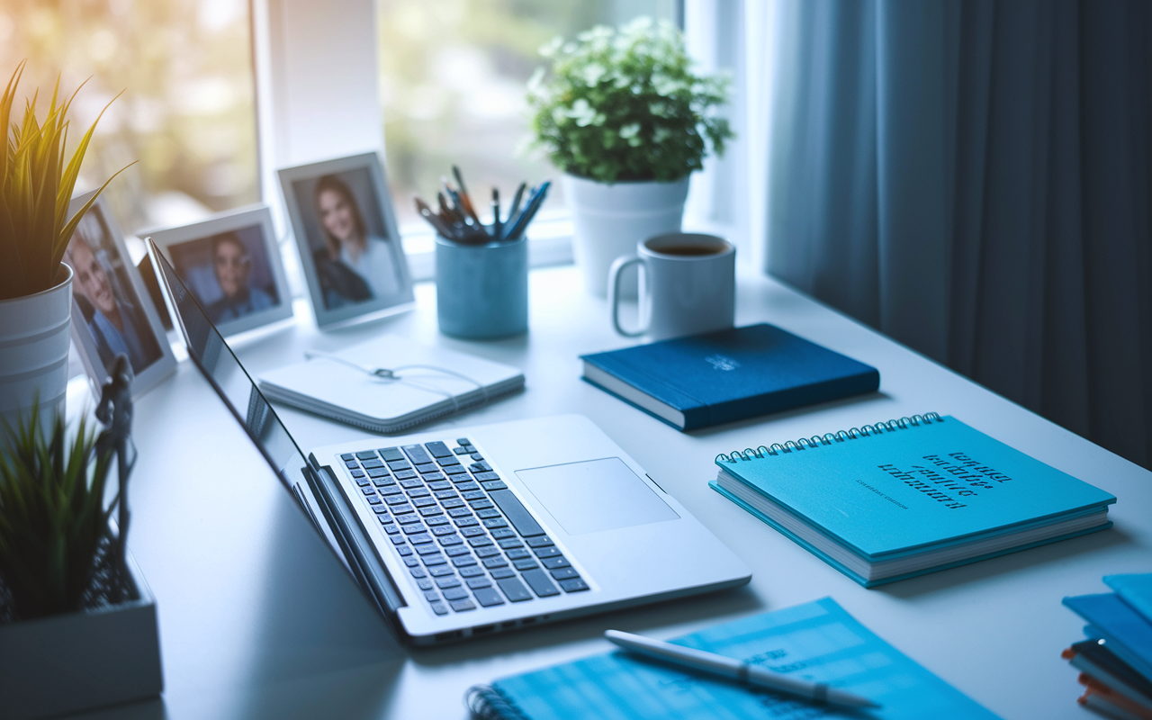 A serene home office set up for a healthcare professional providing telehealth services. The workspace features a laptop, medical books, and wellness items such as plants and wellness journals. The atmosphere is calming with soft natural light filtering in through a window, creating a conducive environment for remote healthcare provision. A hint of personal touch with photographs on the desk and a mug of coffee showcases a blend of professional and personal life.