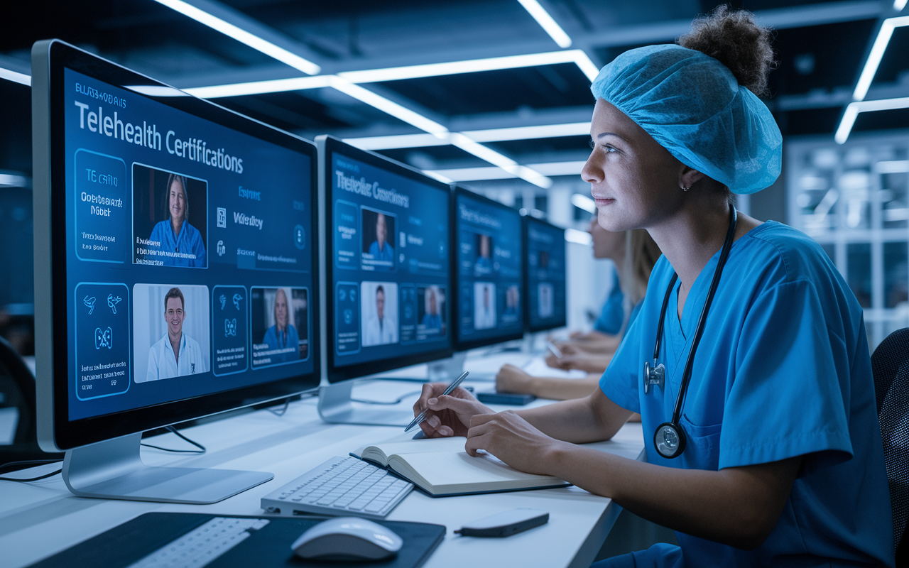 A healthcare professional participating in an online training session for telehealth certifications. The scene shows a modern, tech-savvy environment with multiple screens displaying training material, interactive quizzes, and videos. The individual is engaged, taking notes and absorbed in learning. Bright and motivating lighting enhances the atmosphere of innovation and growth.