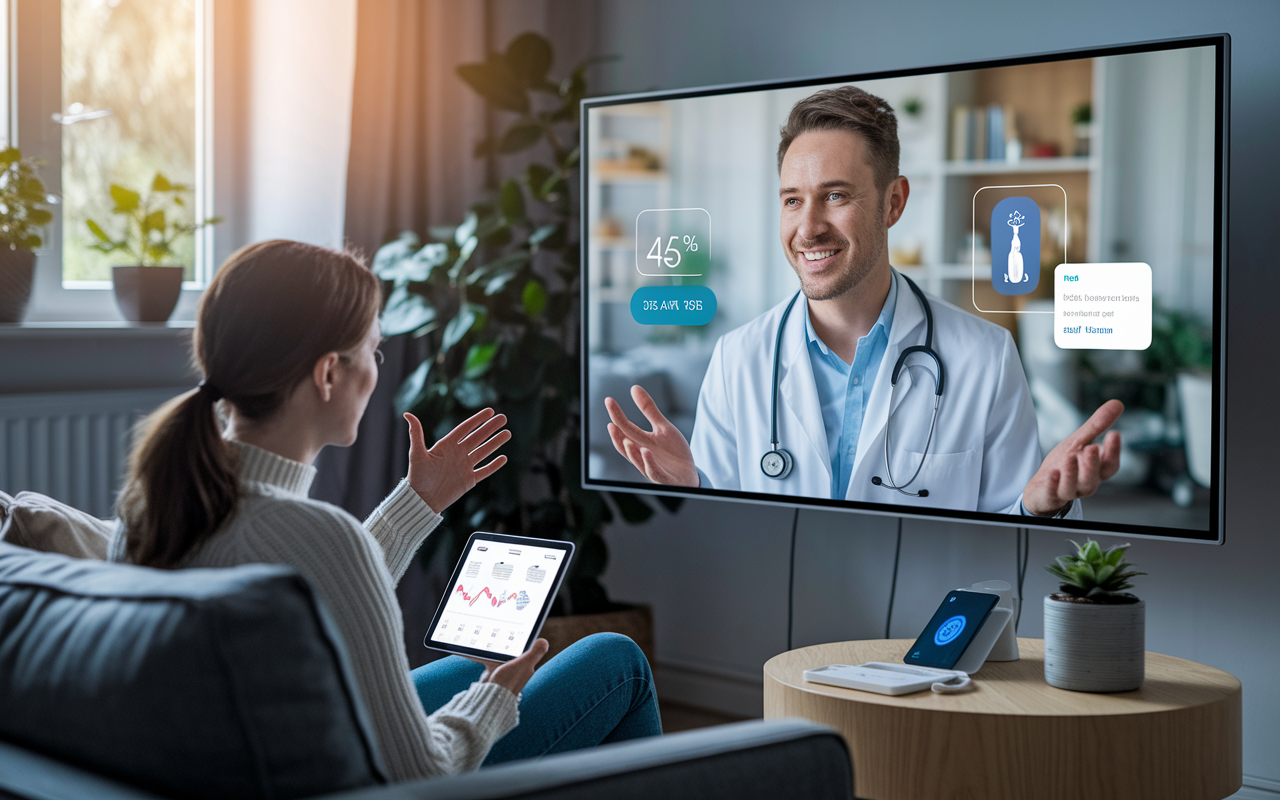 A virtual consultation scene showcasing a patient in their living room speaking to a doctor via a large screen. The room is cozy with soft lighting, and the patient appears engaged, while on the screen, a smiling doctor in a white coat discusses health metrics. Various health gadgets like a blood pressure monitor and a health app visible on the patient’s tablet, highlighting the integration of technology in personal healthcare.