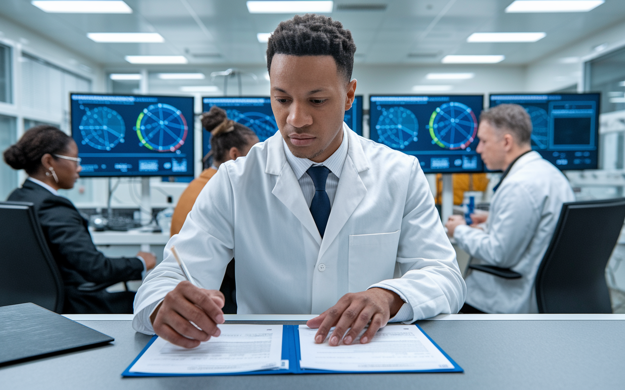 A clinical research associate in a white lab coat meticulously reviewing documents at a clinical trial site. The environment is a clean, sterile lab with equipment and trial data on screens around. The researcher, showing focused determination, discusses findings with a diverse team of clinicians, with charts and graphs representing data analysis displayed in the background.