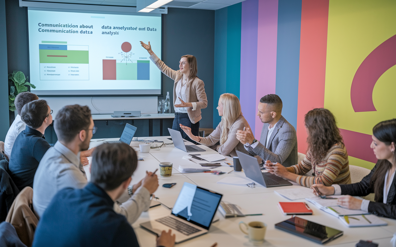 A skills workshop in a modern conference room where participants are engaged in discussions about communication and data analysis. A facilitator is energetically presenting material on a projector screen, while attendees take notes on laptops. The atmosphere is collaborative and motivational, enhanced by vibrant visuals on the walls.