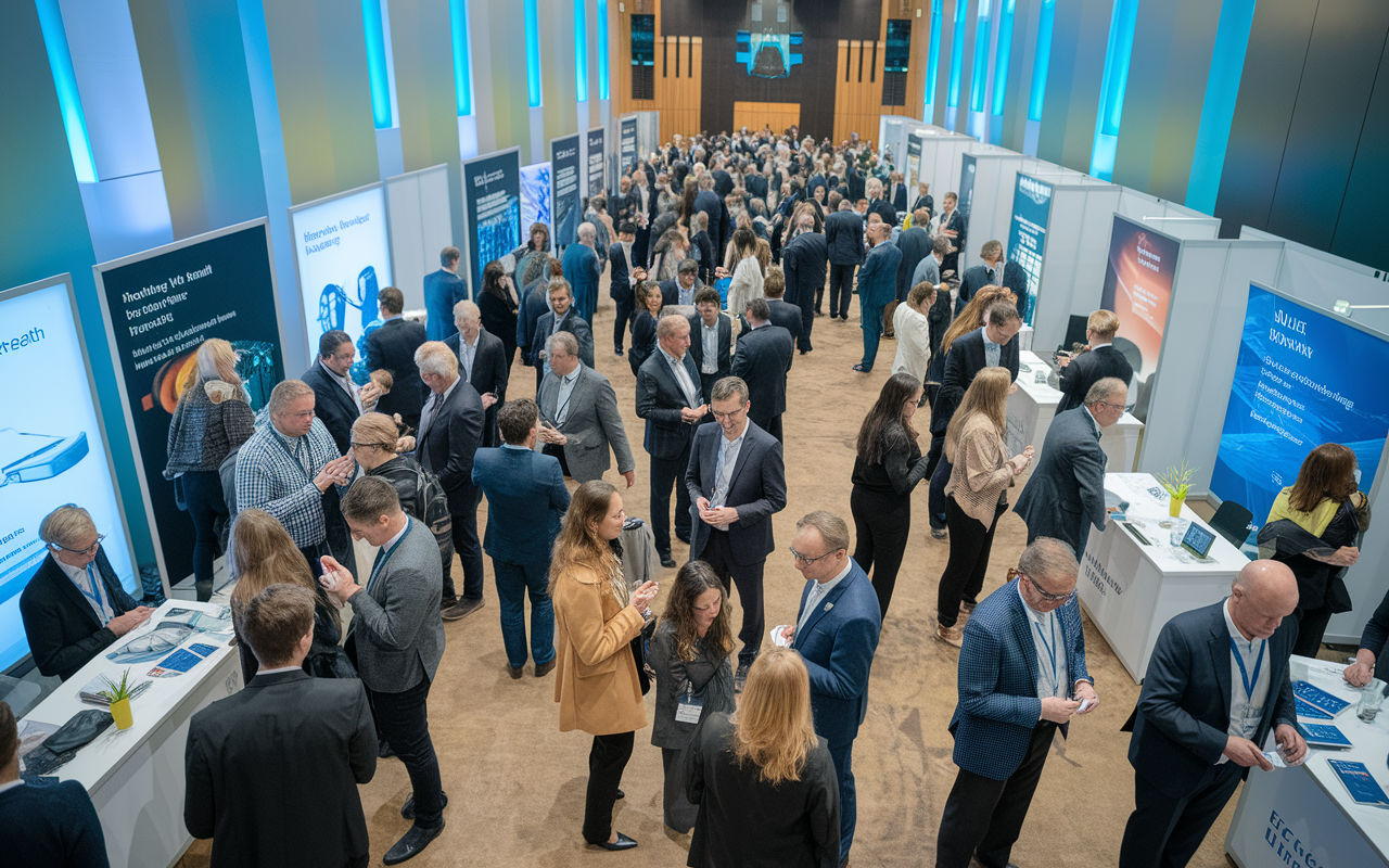 An energetic networking event featuring healthcare professionals engaged in discussions, exchanging business cards, and sharing ideas. Booths showcasing innovative health technologies and solutions line the room, with a vibrant mix of people from diverse backgrounds. Soft lighting creates an inviting atmosphere, accentuating the collaborative spirit of the event.