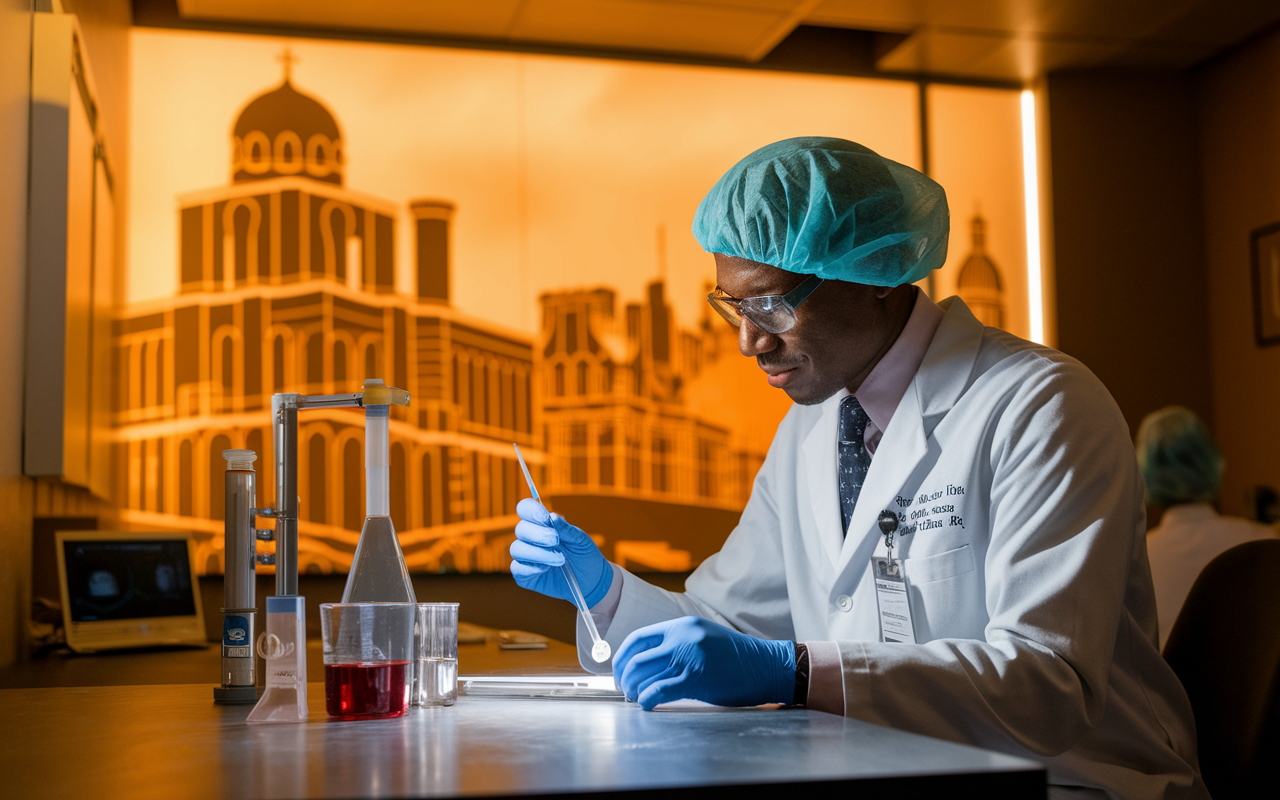 A blend of historic and modern healthcare in Pennsylvania, with a dedicated physician conducting research in a state-of-the-art lab. The backdrop highlights historical medical landmarks of the region. Warm, ambient light creates a sense of innovation and continuity in the medical field.