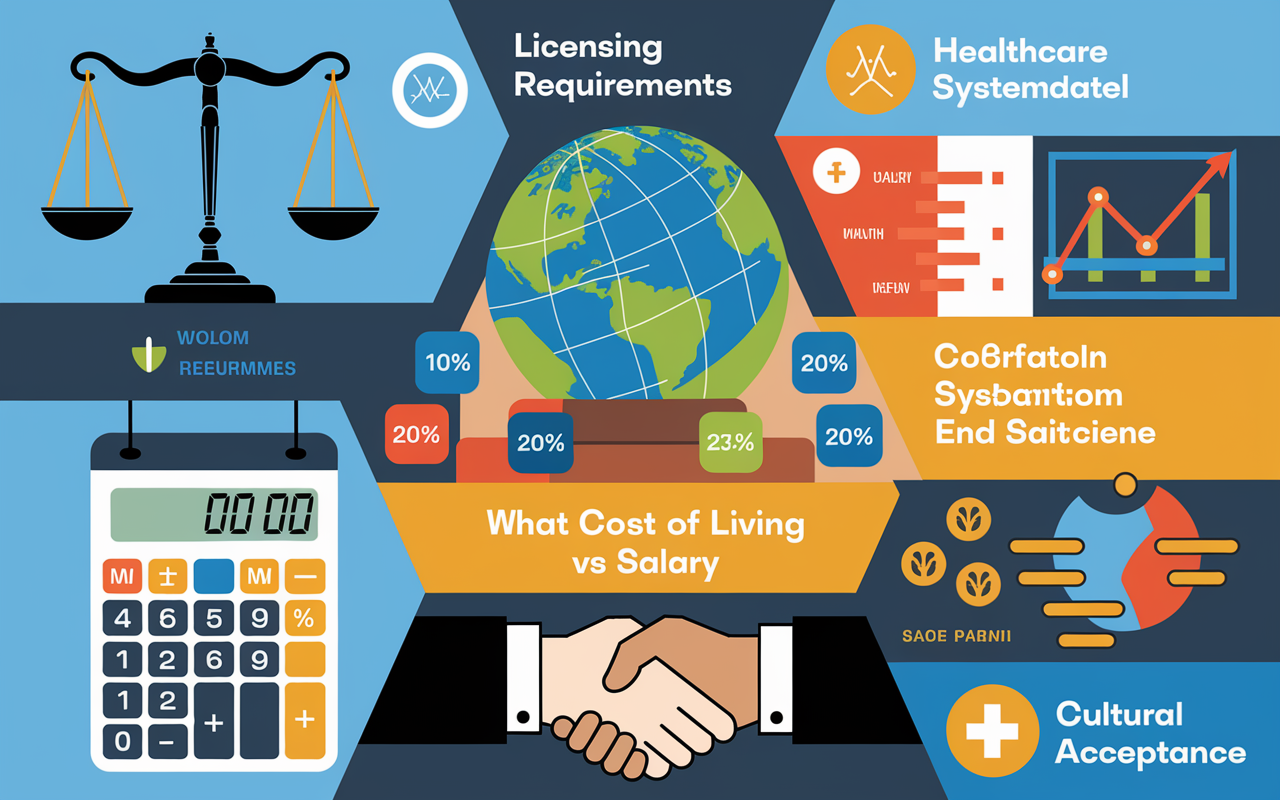 An infographic style image showing various factors influencing doctors' decisions to work abroad. Illustrated items include scales for licensing requirements, a globe for healthcare system quality, a calculator with currency symbols for cost of living vs salary, and hands shaking for cultural acceptance. Colorful and engaging design that conveys professionalism and clarity.