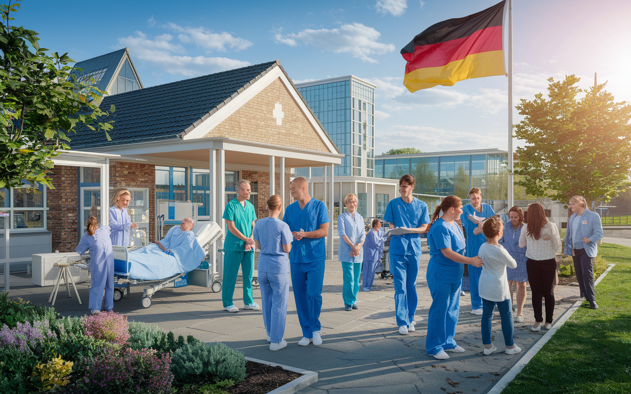 A vibrant scene depicting a German hospital bustling with activity. Physicians in scrubs attending to patients, nurses communicating with families, and advanced medical equipment in the background. A mix of traditional and modern architecture at a backdrop with the German flag waving proudly. Bright, clear daylight illuminating the hardworking atmosphere, symbolizing efficiency and compassion.