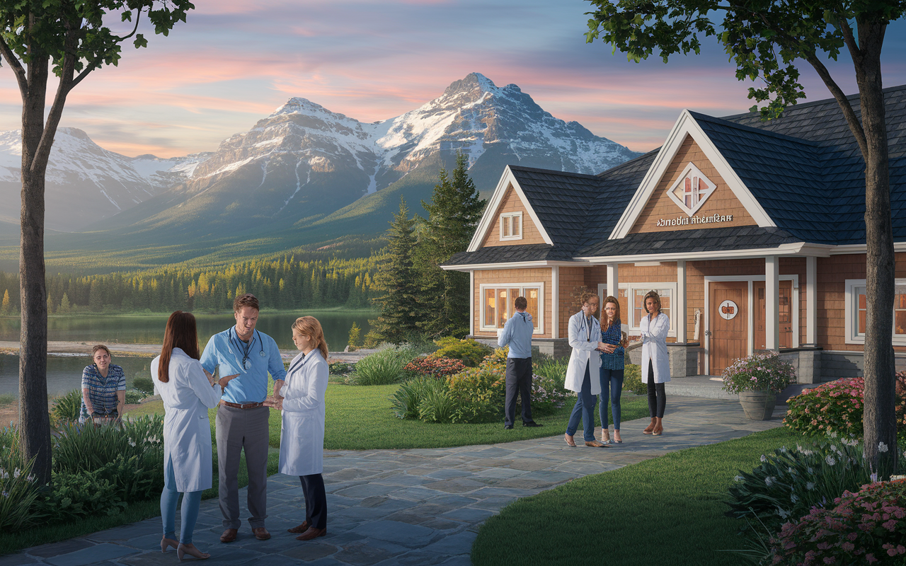 A picturesque setting of Canadian healthcare, featuring a warm, welcoming clinic in a scenic town. Doctors from diverse backgrounds are seen interacting with patients in a friendly manner. Snow-capped mountains in the background and lush greenery showcasing the beautiful Canadian landscape. Soft, natural lighting reflecting a sense of community and care.