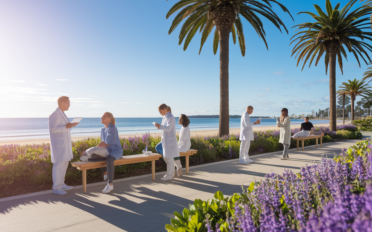 A sunny day at an Australian hospital with a beachfront view. Doctors in casual yet professional attire consulting with patients outside, vibrant Australian flora in the background. The atmosphere is relaxed yet focused, symbolizing work-life balance. Bright, sunny lighting enhances the lively, carefree environment.