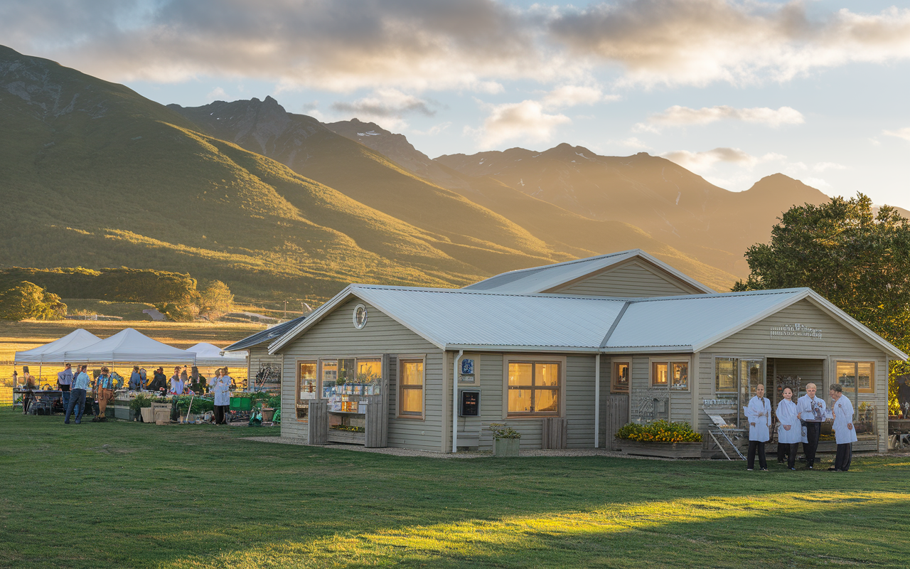 A scenic rural New Zealand hospital nestled amid mountains and green fields. Doctors engaging in patient care with an emphasis on community and collaboration. A local farmer’s market visible in the background, showcasing the connection between healthcare and community lifestyle. Soft golden hour lighting creates a peaceful and welcoming mood.