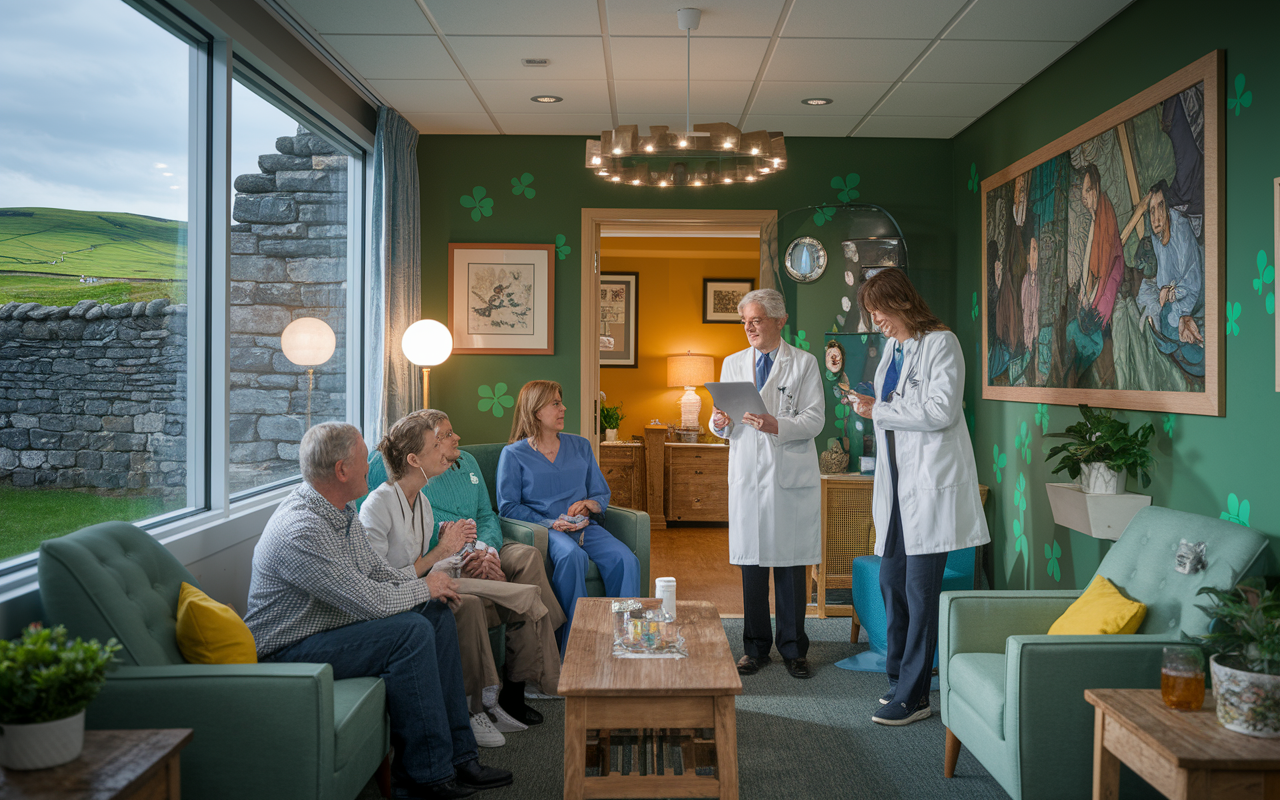 An engaging image of a vibrant Irish hospital setting with doctors and patients interacting warmly. The hospital decorated with symbolically Irish motifs—green hills and ancient stone walls can be seen outside. A cozy, home-like interior adorned with local art, creating a welcoming atmosphere. Soft, warm lighting enhances comfort and community feel.