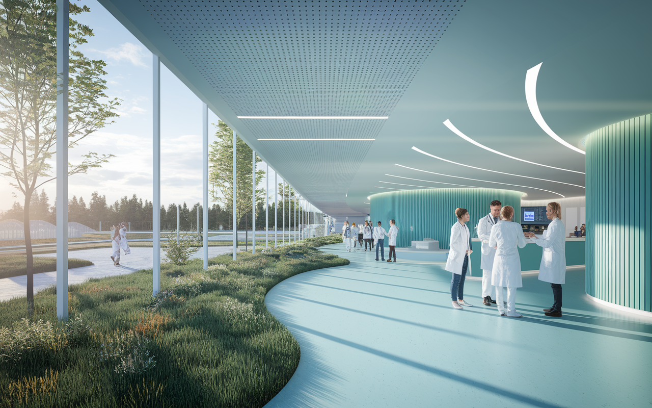 A modern Swedish healthcare facility showcasing technology and humane care. Doctors collaborating in a high-tech environment with patients. Bright and minimalist design with large windows providing natural light, surrounded by plush green spaces outside. Cool, calm colors enhancing the sense of innovation and quality of life.