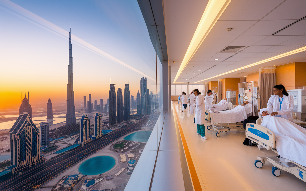 A luxurious hospital in Dubai featuring advanced medical technology and a diverse staff. The stunning skyline of Dubai outside the window symbolizes modernity and high living standards. A vibrant atmosphere filled with engaged healthcare professionals attending to patients. Bright artificial lighting coupled with the golden hues from the sun setting over the city.