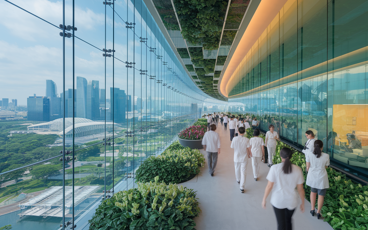 An image capturing the hustle of Singapore's healthcare scene, featuring a sleek, modern hospital with multicultural staff. Patients from multiple backgrounds receiving care with respect and dignity. The vibrant cityscape of Singapore visible through large glass walls, filled with lush greenery and artistic installations. Bright, ambient lighting enhancing a sense of innovation and care.