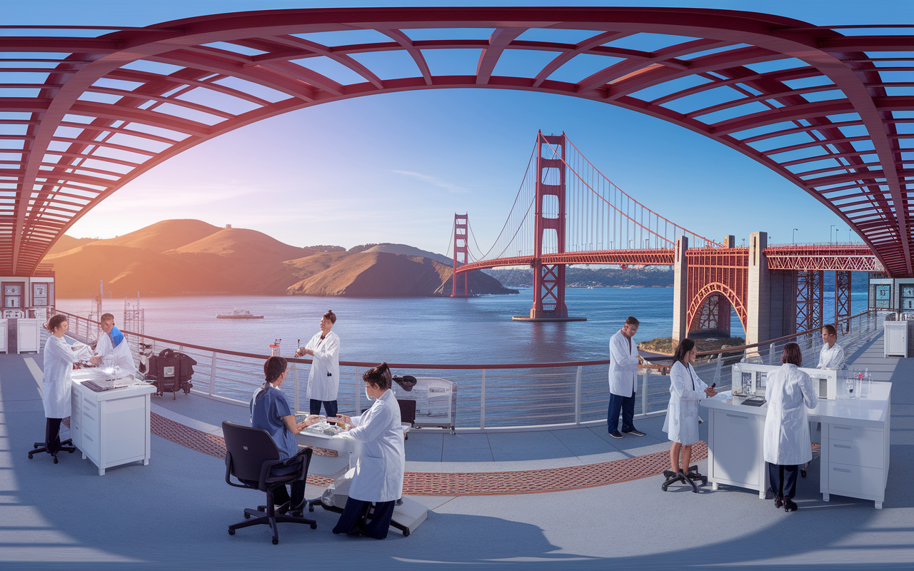 A panoramic view of an innovative medical facility in San Francisco, showcasing healthcare professionals performing medical research in modern lab settings. The backdrop features the iconic Golden Gate Bridge and rolling hills, bathed in warm sunlight, symbolizing collaboration and a rich cultural landscape. With vibrant colors and detailed architecture, the scene encapsulates a fusion of cutting-edge medicine and community.