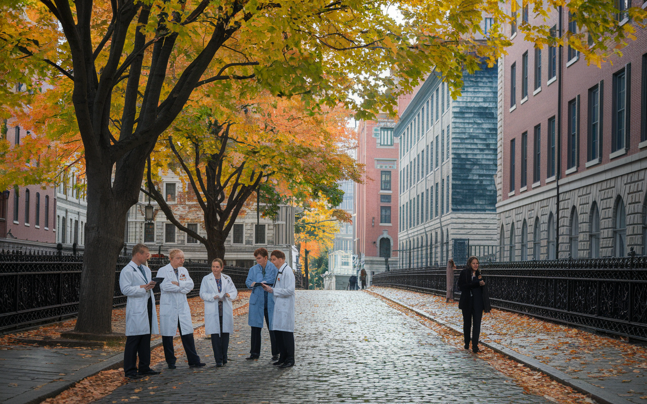 A classic Boston street with iconic cobblestone pathways leading to historical medical institutions. Healthcare professionals in lab coats and scholarly attire are seen discussing in front of renowned hospitals. The scene is alive with the vibrancy of fall leaves, blending the historical architecture with the bustling energy of the city’s academic community. Soft autumnal lighting enhances the atmosphere.